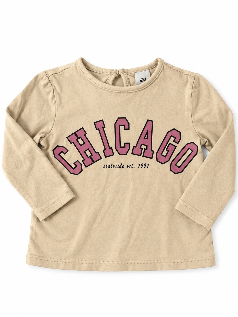 H&M Beige Long-Sleeve Tee with Pink Chicago Graphic